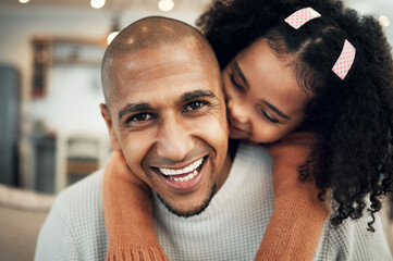 Poster - Family, portrait and girl hug father on sofa, happy and laugh, playing and bonding in their home. Piggyback, face and child with parent on a couch, sweet and hugging while having fun in a living room