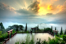 The Magical Dawn On The Pagoda, Surrounded By Dew And Light Of Temple "Linh Quy Phap An" At Bao Loc Town, Vietnam