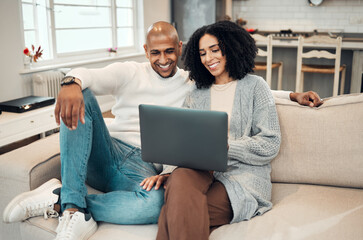 Poster - Happy couple, watch movie online with laptop and streaming with network, smile and relax in living room. Subscription, internet connectivity and wifi with technology, people at home together on sofa