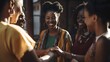 © Get Stock - Professional Workplace Female Women: African American Black Musicians Greeting with Confidence Friendliness in Business Setting, Diversity Equity Inclusion DEI Celebration (generative AI