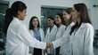 © Get Stock - Professional Workplace Female Women: Hispanic Scientists Greeting with Confidence Friendliness in Business Setting, Diversity Equity Inclusion DEI Celebration (generative AI