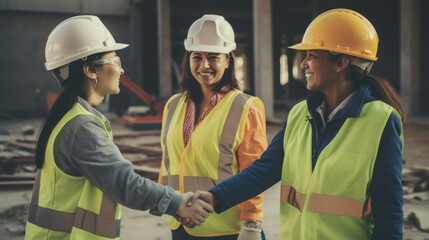 professional workplace female women: hispanic construction workers greeting with confidence friendli