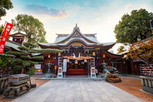 Fukuoka, Japan - Nov 20 2022: Kushida Shrine In Hakata Ward, Founded In 757, The Shrine Dedicated To Amaterasu The Goddess Of The Sun And Susanoo God Of Seas And Storms, Thunder And Lightning