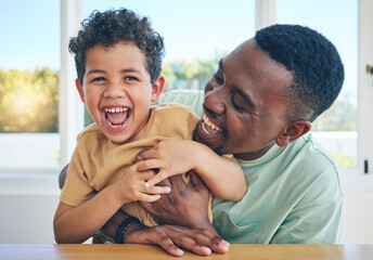 Poster - Father, laugh and black man tickle son, have fun and enjoy happy quality time together in Jamaica home. Family bonding, child love and playing African people, youth kid or papa tickling laughing boy