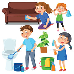 Wall Mural - set of children doing chores with household equipments