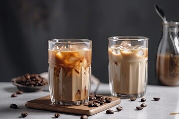 Canvas Print - A light background with coffee and ice with milk in it. A white table with two transparent glasses of iced coffee. Copy space, horizontal orientation. Generative AI