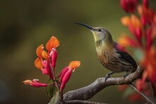 Colse Up Mrs.gould's Sunbird Perched On Branch Prunus Cerasoides, Beautiful Bird, Birds Of Thailand. Generative AI
