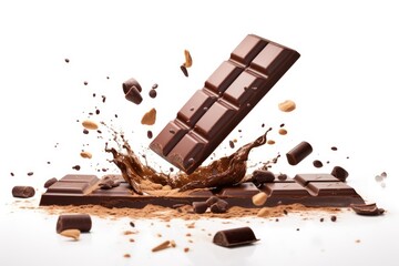 Wall Mural - Chocolate bar with flying bits, vertical position, isolated on a white background. Generative AI