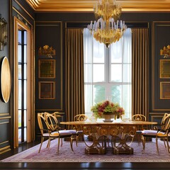 Wall Mural - Dining room with a vintage design and antique furnishings1, Generative AI