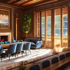 Wall Mural - Dining room with a cozy fireplace and comfortable furnishings2, Generative AI