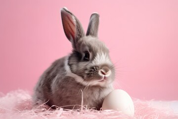 Canvas Print - Easter bunny rabbit on a pink background holding a decorated egg. holiday concept for Easter. Generative AI