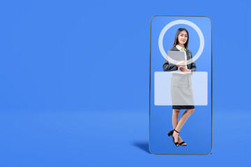 Sticker - Mobile phone screen with Asian Businesswoman holding a laptop