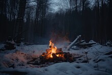 Bonfire. Burning Fire In Winter On Snow And At Night. Fire. Winter Season. Campfire Burning Firewood In Fire From Night Camp In The Forest. Flame From Campfire Making Warm In Winter. Generative AI