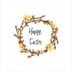 Wall Mural - Holy Easter. Cute easter egg, nest, branch and leaves. Eco rustic decoration. Vector flat cartoon illustration. Perfect for poster, print, card, invitation, greeting, tag