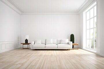 Wall Mural - modern bright interior with white walls, sofa and wooden floor, generative AI