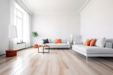 Wall Mural - modern bright interior with white walls, sofa and wooden floor, generative AI