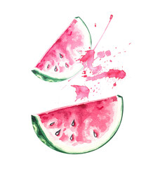 Watercolor pieces of watermelon with splashes on a white isolated background