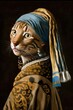 © Get Stock - Kitty with a Pearl Earring: A Bengal cat Animal Fashionable Twist on a Classic Portrait, Girl with a Pearl Earring (generative AI)
