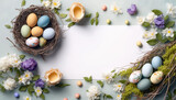 Fototapeta Mapy - easter eggs and nest background with spring flowers, Easter Background
