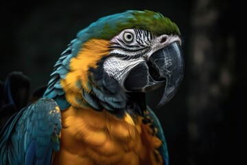 Canvas Print - Bird Ara ararauna, also known as the exotic Brazilian bird Arara Canindé, is a blue and yellow macaw. Ara ararauna portrait of a macaw. Generative AI