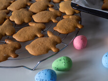 Homemade Biscuits On Metal Grill On White Table. The Shapes Of Rabbit. Easter Shaped Cookie On Grate. Preparation For Easter. Holidays Baking. Cooked Cookies In The Form Of Bunnies Cool Down