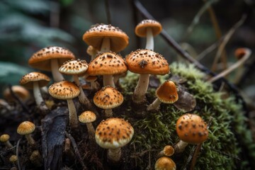 Canvas Print - Beautiful group of mushrooms up close with a light backdrop color in a tree. a macro perspective. Generative AI