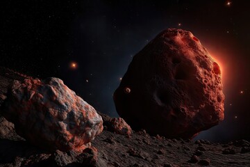Wall Mural - a comet and an asteroid orbit a red planet in space that is covered in craters. generative ai