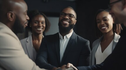 Professional Workplace Men Women: African American Black Musician Greeting with Confidence Friendliness in Business Setting, Diversity Equity Inclusion DEI Celebration (generative AI