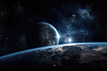 Wall Mural - an earth like planet and its rocky satellite are seen from space, along with stars and the moon's cr