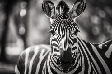 Wall Mural - Black and white portrait of a zebra. Unusual animal turning its head toward the camera. inquisitive animal exchanging signals. large nose a cute and oddly shaped zebra eyes in focus with a narrow dept