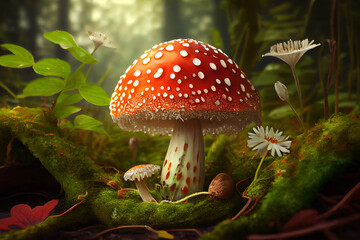 Wall Mural - Fly agaric, mushroom. Amanita muscaria or fly agaric red cap. Fly amanita in the undergrowth in the forest autumn time.. Generative Ai