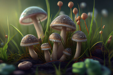 Close-up Of Mushrooms Growing On Field. Generative Ai