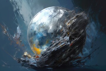 Wall Mural - an abstract painting with a bizarrely flying, damaged white ball sphere planet or asteroid on a gray