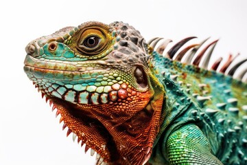 Poster - Detail of a colorful iguana on a white backdrop. Generative AI