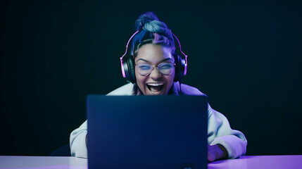 Wall Mural - Cheerful female gamer winning an online game on a laptop