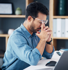 Poster - Eyes, pain and headache of business man in anxiety, mental health problem and bankruptcy crisis. Tired, frustrated and stressed male, glasses and fail of fatigue, burnout or depression of tax mistake