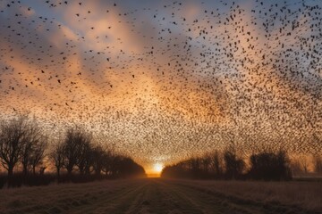 Poster - Beautiful large flock of starlings. A flock of starlings birds fly in the Netherlands. During January and February, hundreds of thousands of starlings gathered in huge clouds. Starling murmurations