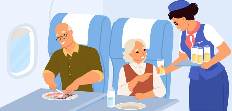 Fototapete - Vector flight attendant serving elderly couple on plane
