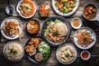 © AkuAku - Asian food served at top view on a white wooden table. Vietnamese and Chinese food combination. Generative AI