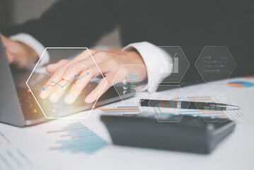 Aufkleber - Businessman reading graph report and business statistics charts ,Analysis and improvement of corporate strategy,manage financial and marketing documents , Statistics and Data Concepts,business growth