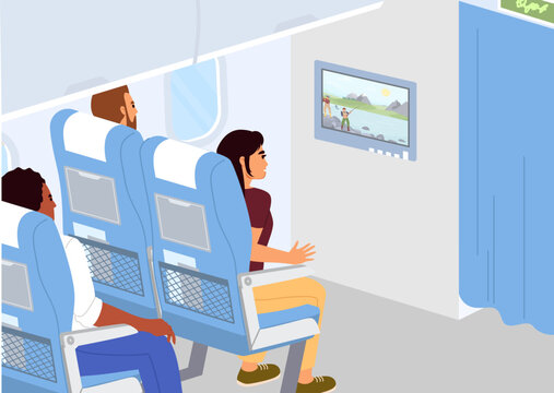 Fototapete - Vector people passengers watching movie on tv during flight