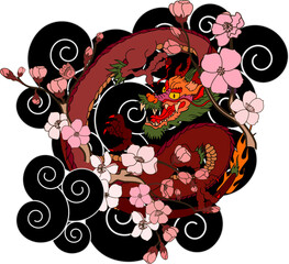 Wall Mural - Traditional Japanese dragon with cherry blossom and wave for tattoo design.Hand drawn Chinese dragon for printing on shirt.Beautiful line art of dragon vector for painting on white isolated background