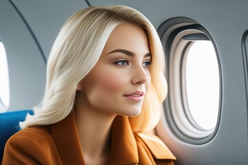 Wall Mural - Young caucasian smiling female enjoying her comfortable flight while sitting in airplane. Generative AI