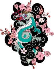 Wall Mural - Traditional Japanese dragon with cherry blossom and wave for tattoo design.Hand drawn Chinese dragon for printing on shirt.Beautiful line art of dragon vector for painting on white isolated background