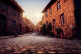 Fototapeta Uliczki - a painting of a cobblestone street in a european city with a clock tower in the distance and a cobblestone road leading to a cobblestone building.  generative ai