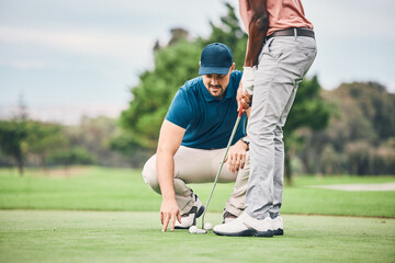 teaching, golf lesson and sports coach help man with swing, putter and stroke outdoor. golfing, gree