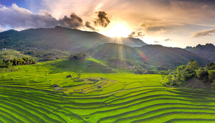 Poster - Panoramic view of beautiful green terraces of Pu Luong commune, Thanh Hoa province, Vietnam