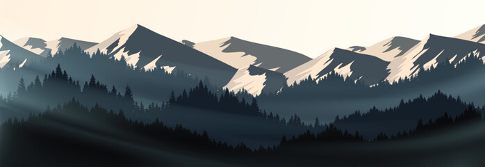 Wall Mural - 
mountains in the morning. vector illustration of mountain and pine forest. Landscape wallpapers for various designs.