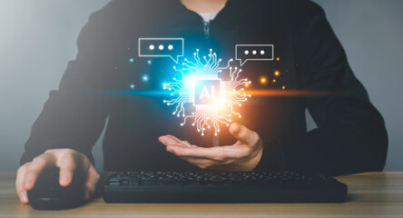 Chatbot Chat AI concept, Artificial Intelligence. Businessman using technology smart AI robot, enter command prompt, analyze data for business, Automate chatbot, Futuristic technology transformation.