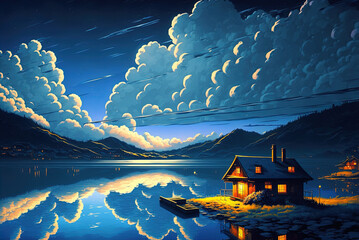 Wall Mural - sweet home at serene paradise. clear sunny day, sky with movie atmosphere and wonderful cloud, beaut